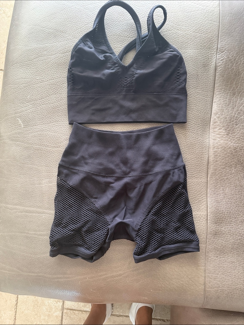 ALO Yoga black seamless tank crop top with mesh shorts set